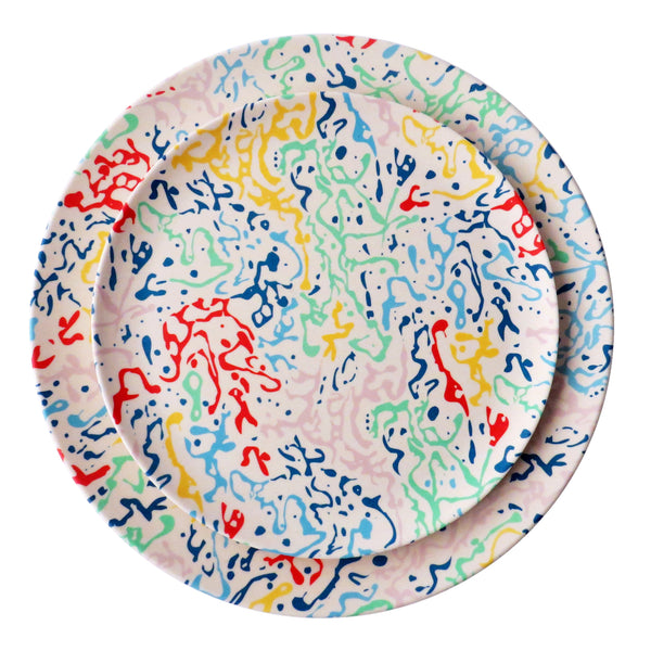 dinner and side plates made of bamboo in carwash pattern - blue, yellow and red squiggly lines
