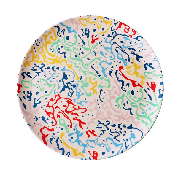 xenia later bamboo side plate in carwash pattern - squiggly blue, yellow and red lines