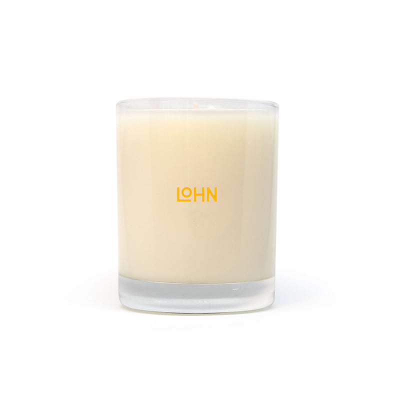 lohn feu organic coconut and soy wax hand poured candle in glass container