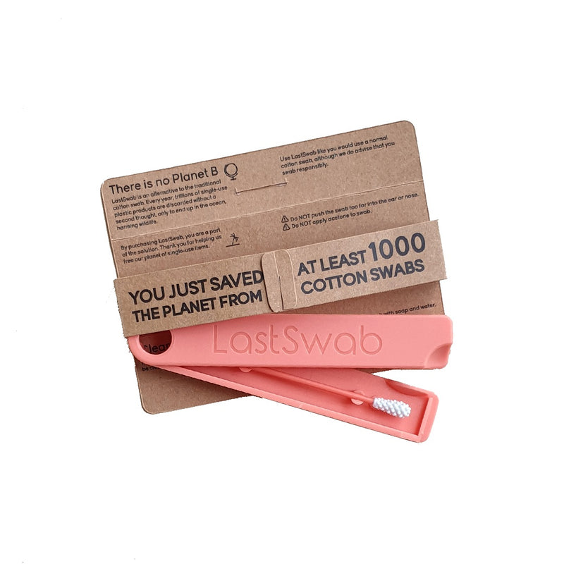 last swab peach coloured reusable cotton swab in biodegradable case in paper packaging