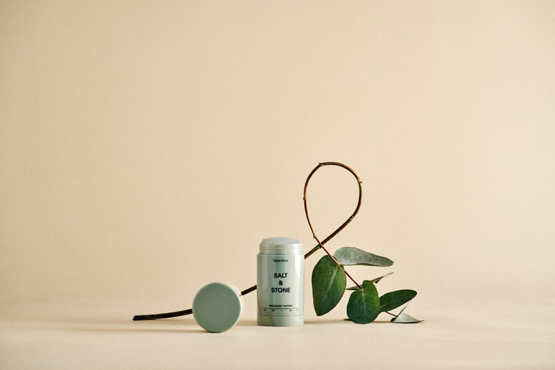 salt and stone natural eucalyptus deodorant with lid on side and eucalyptus branch behind it