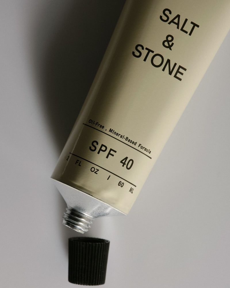 salt and stone oil free lightweight facial suncreen in metal tube