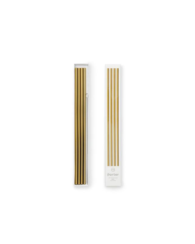 reusable gold metal straws with cleaner next to box against white background