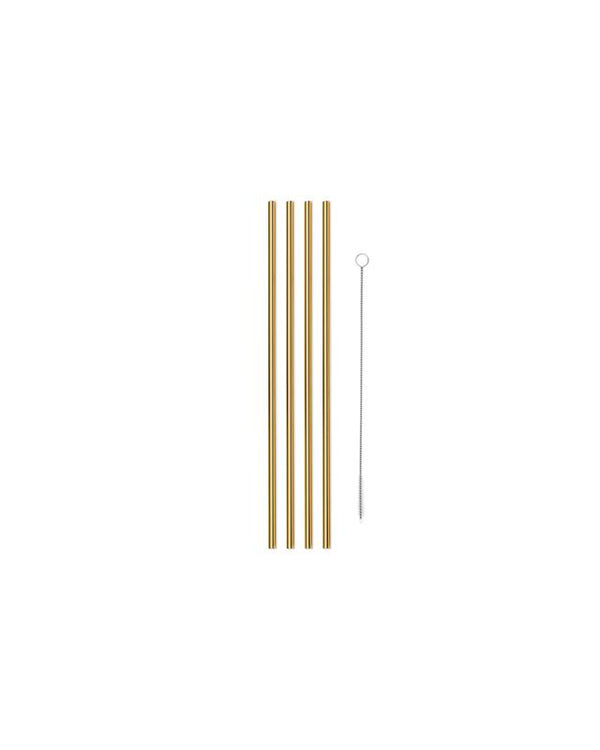 reusable gold metal straws with cleaner against white background