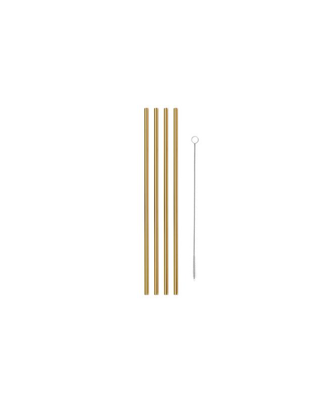 reusable gold metal straws with cleaner against white background