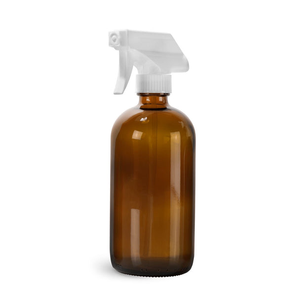 Glass amber bottle with white spray trigger