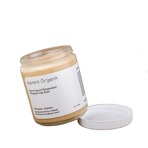apprenti organik natural body butter in glass jar with lid on the side
