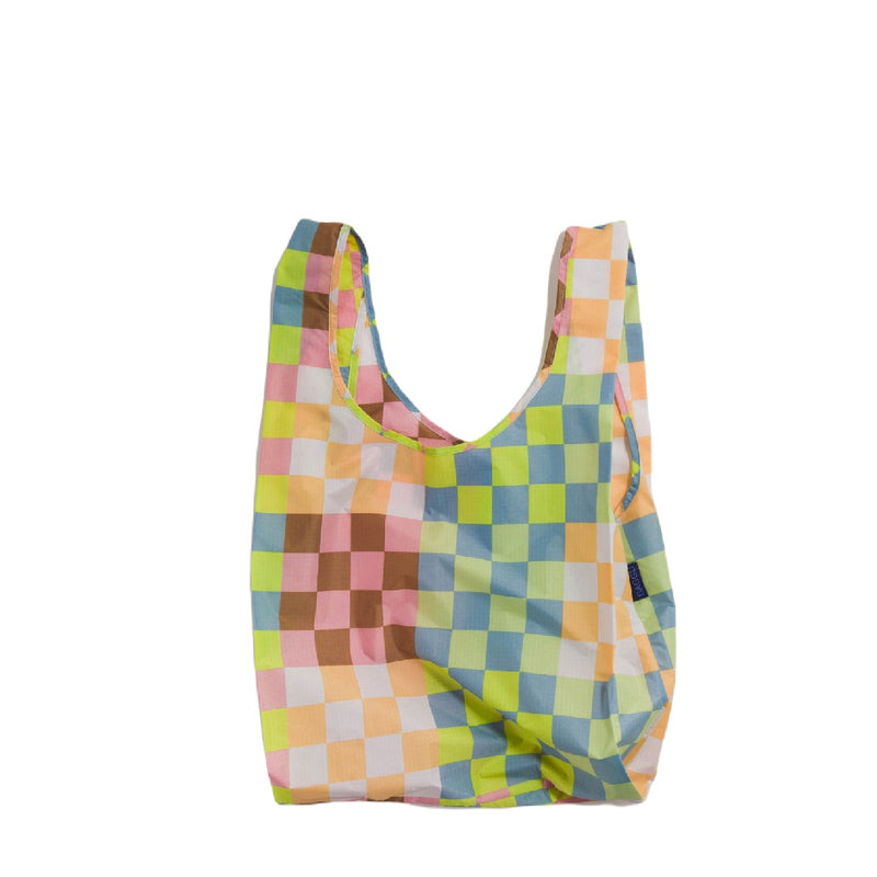 reusable baggu bag in checked pattern with blue green peach pink