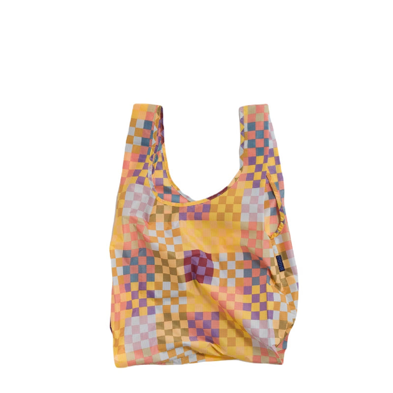 baggu reusable bag in medium checkered pattern, colours peach, blue, yellow, purple, white and beige