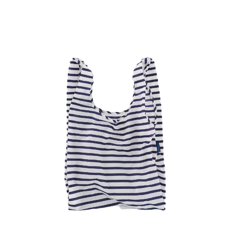 white and navy striped baggu reusable bag