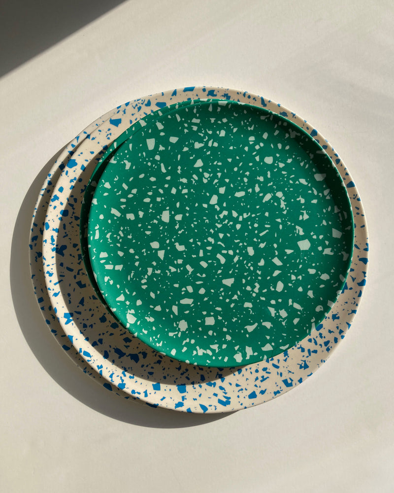 Xenia Taler Bamboo fibre dinner plate lido stacked with green terrazzo side plate