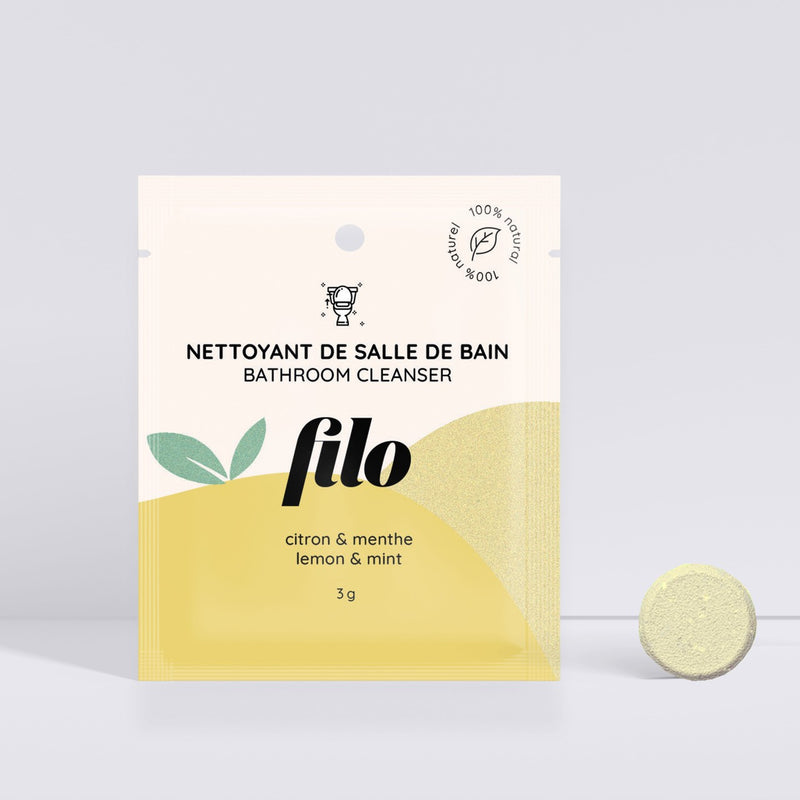 Filo bathroom cleaner tab packaging and tablet lemon and mint