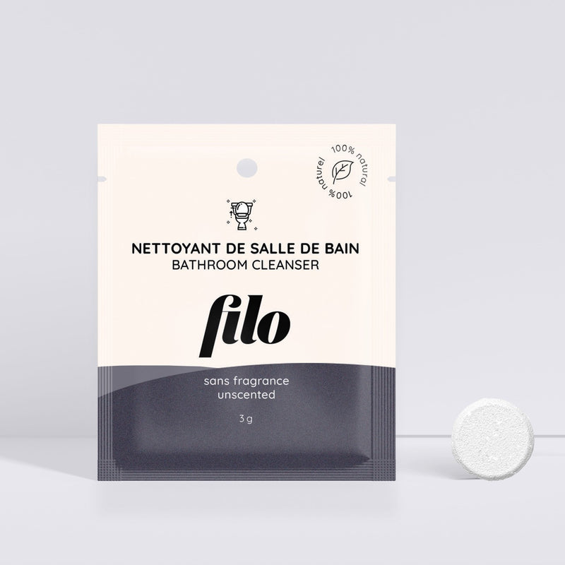 Filo bathroom cleaner tab packaging and tablet unscented