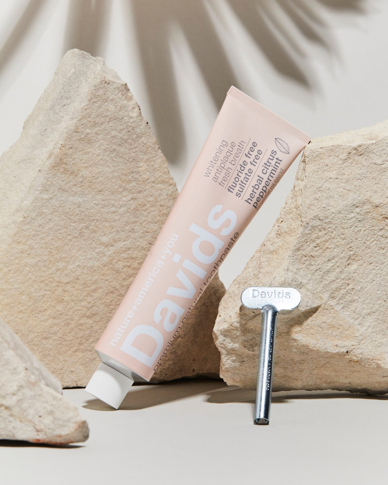 davids natural toothpaste in herbal citrus and metal key leaning on rocks