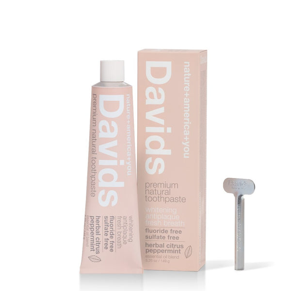 davids premium natural herbal citrus toothpaste tube, box and key standing upright 