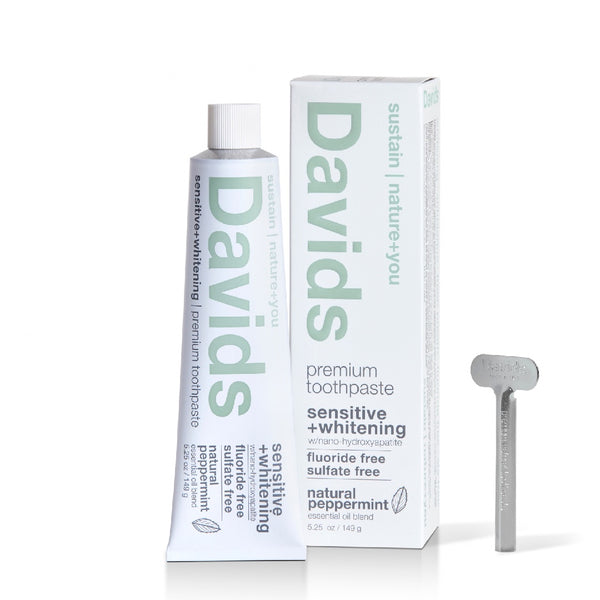 davids premium natural peppermint sensitivity + whitening toothpaste tube, box and key standing upright 