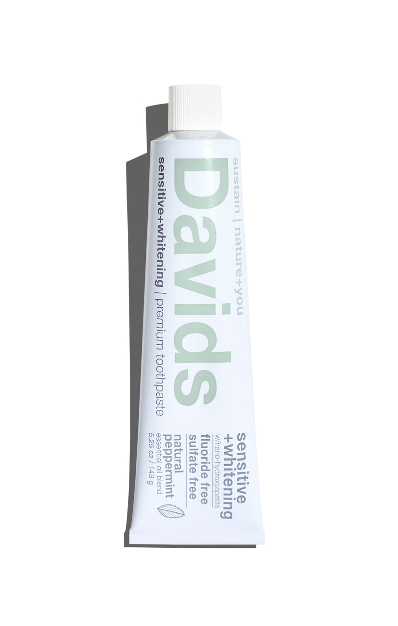 davids premium natural peppermint sensitive toothpaste tube against white background