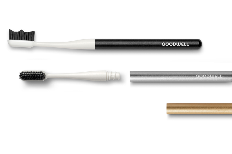 goodwell reusable toothbrush handle and replaceable biodegradable head displayed in parts
