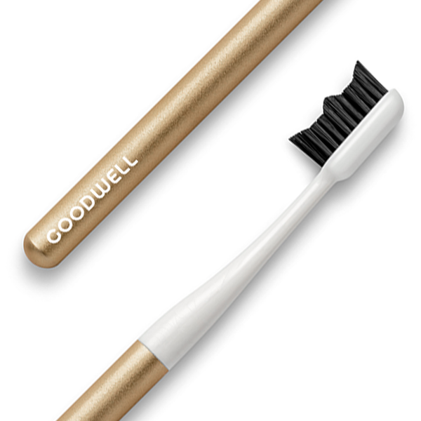 goodwell reusable aluminum toothbrush handle with biodegradable toothbrush head in gold