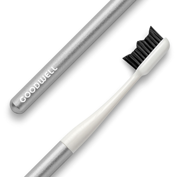 goodwell reusable aluminum toothbrush handle with biodegradable toothbrush head in silver