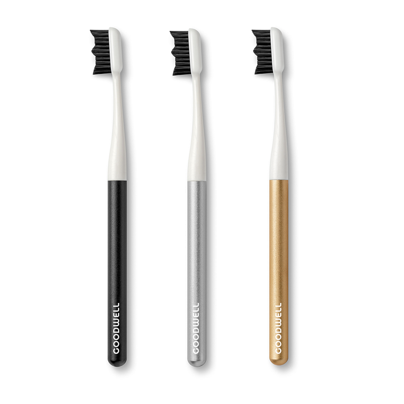 goodwell reusable aluminum handle toothbrush with replaceable biodegradable toothbrush head in black, silver and gold