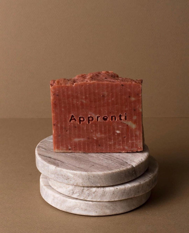 apprenti organik handmade natural biodegradable soap bar geranium on stone coasters