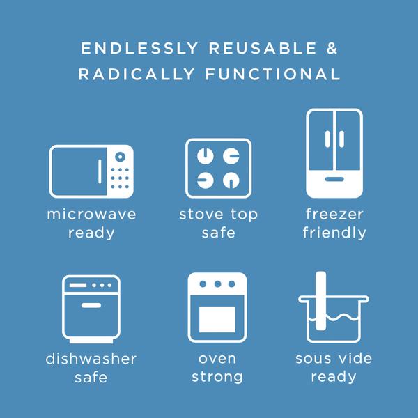 illustration of stasher bag functions: microwave, stove top, freezer, dishwasher, oven, sous vide