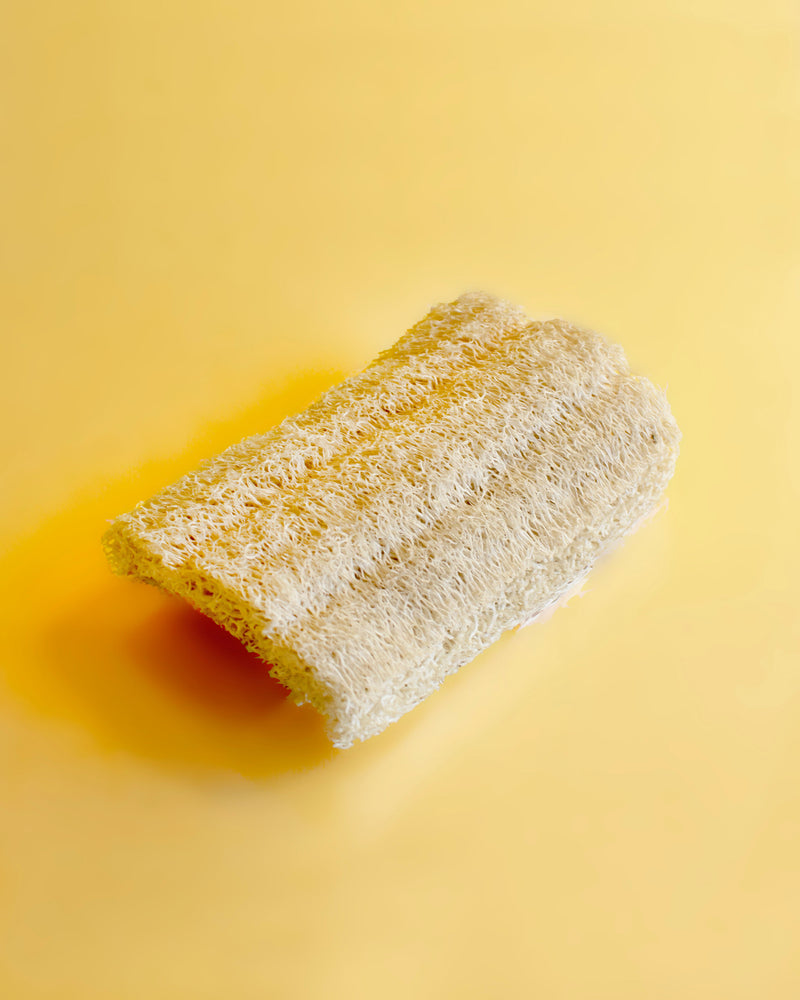 sustainable loofah dish sponge against yellow background