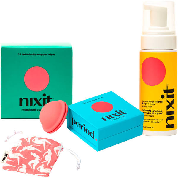 nixit menstrual cup, wash and wipes against white background
