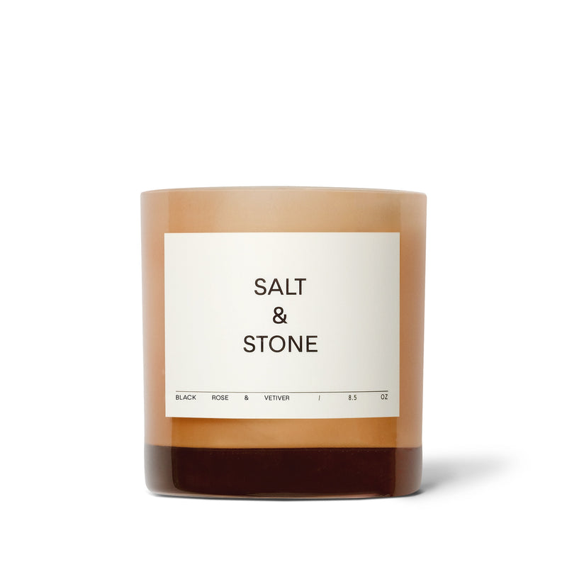 salt and stone natural candle black rose and vetiver in glass vessel