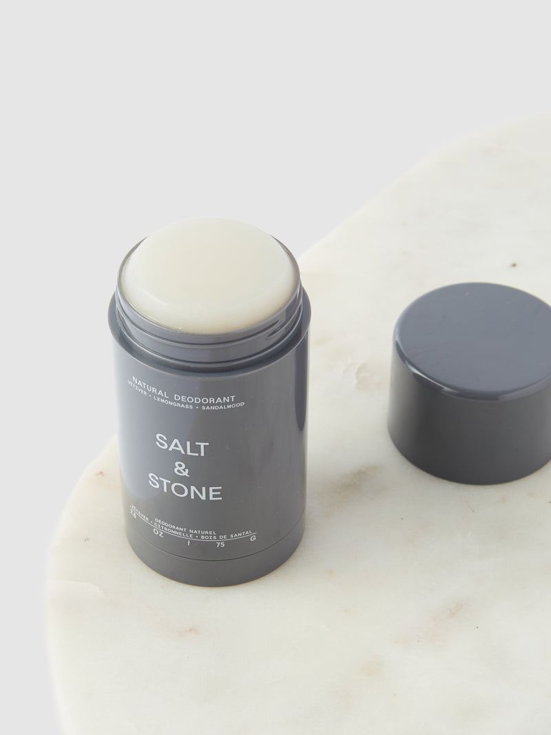 opened salt and stone vetiver and sandalwood deodorant for sensitive skin