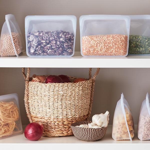 stasher stand up bags used for staring dried food on kitchen shelves