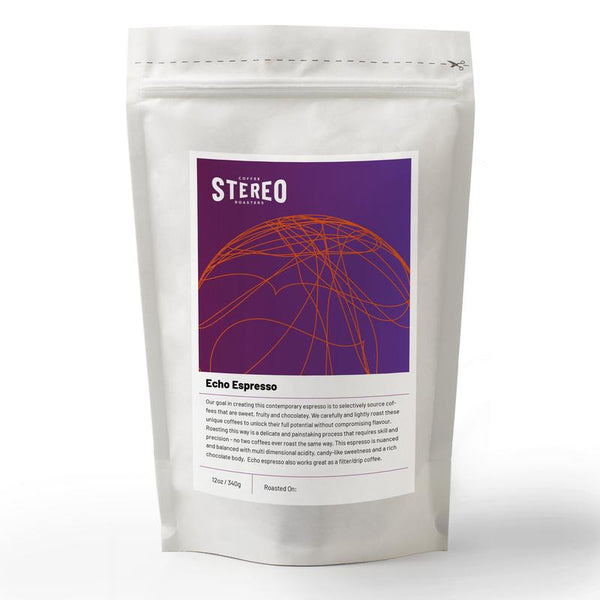 Stereo coffee roasters bag of echo espresso in biodegradable bag
