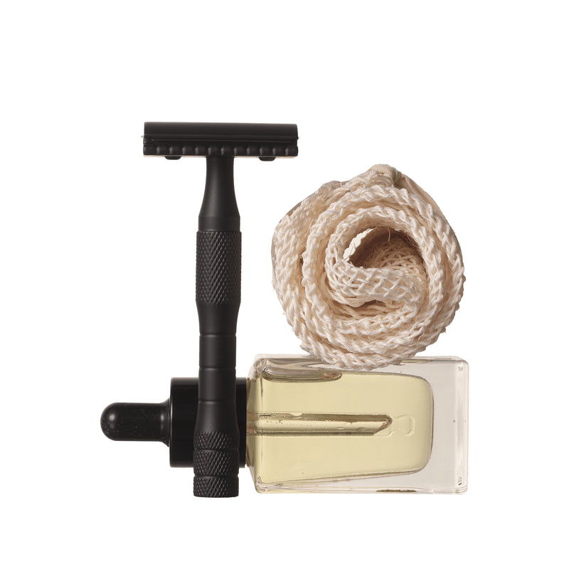 well kept safety razor kit, black safety razor, agave exfoliating cloth and shave oil