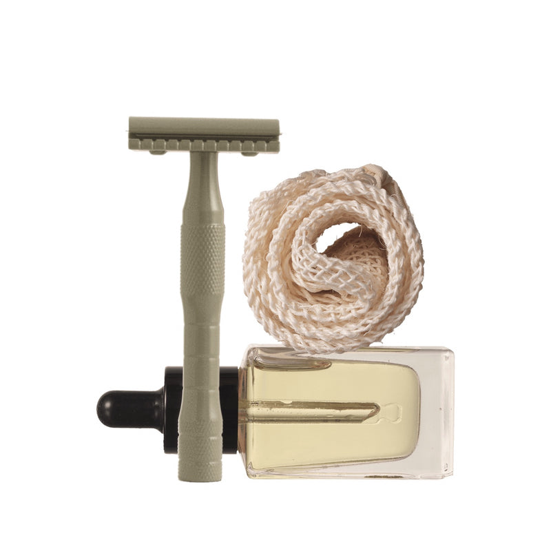 well kept safety razor kit with kelp razor agave cloth and shave oil