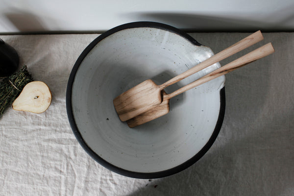 the woodsmans daughter handmade maple spatulas in ceramic bowl