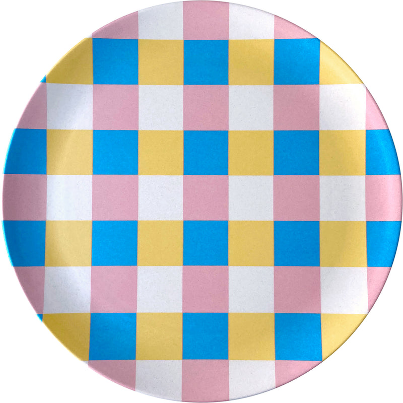 Xenia taler bamboo fibre dinner plate ingrid design - checkered blue yellow pink white