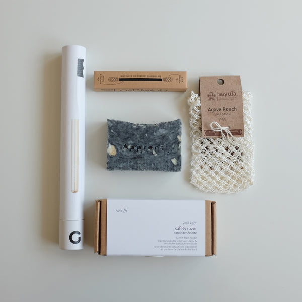 zerowaste bathroom bundle goodwell reusable toothbrush well kept safety razor last swab reusable cotton swab natural herbal soap agave soap pouch
